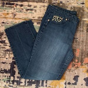 Blue straight leg jeans with gold embellishments, size 16